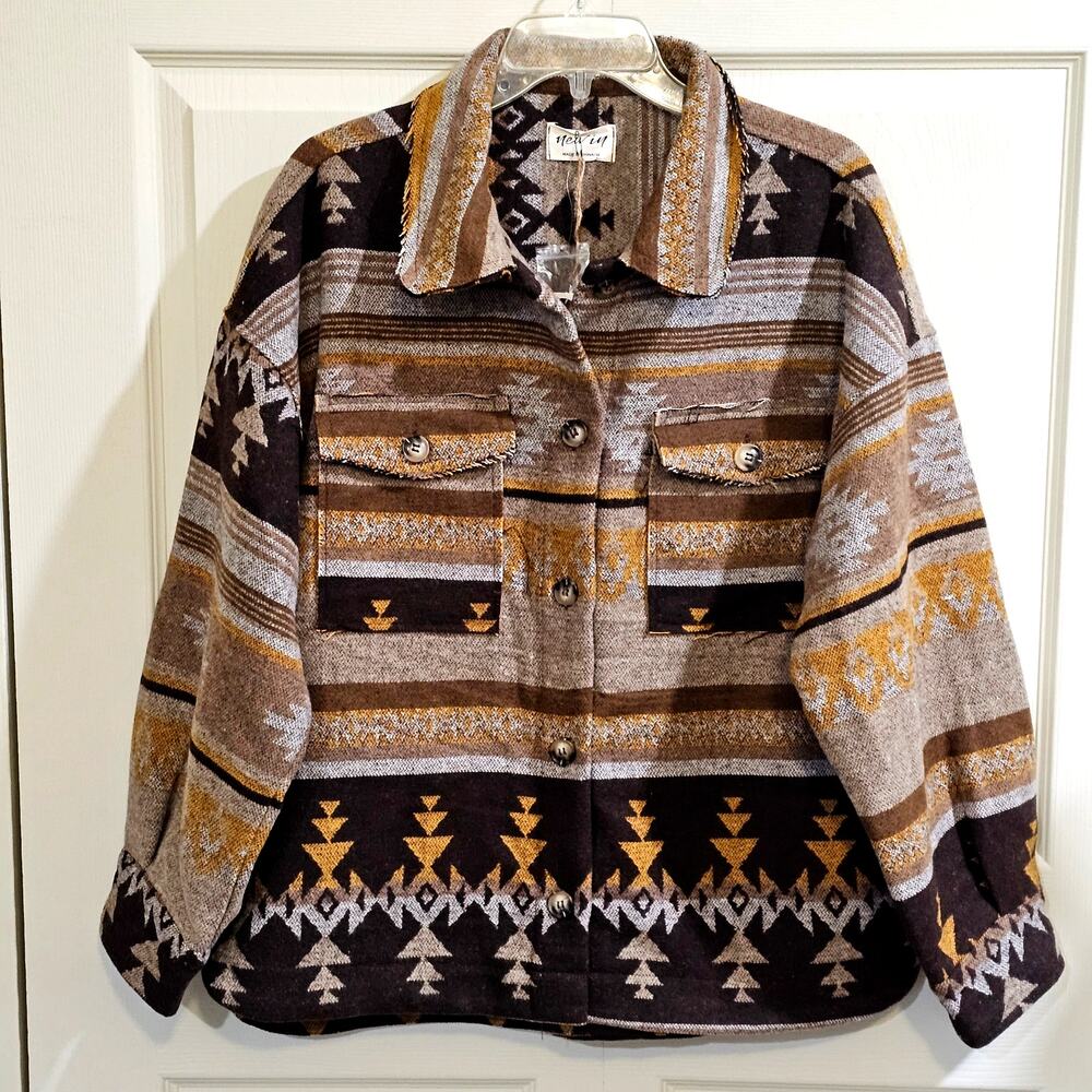 New In Southwestern Aztec Shacket Womens M Mustard Boho Western Jacket